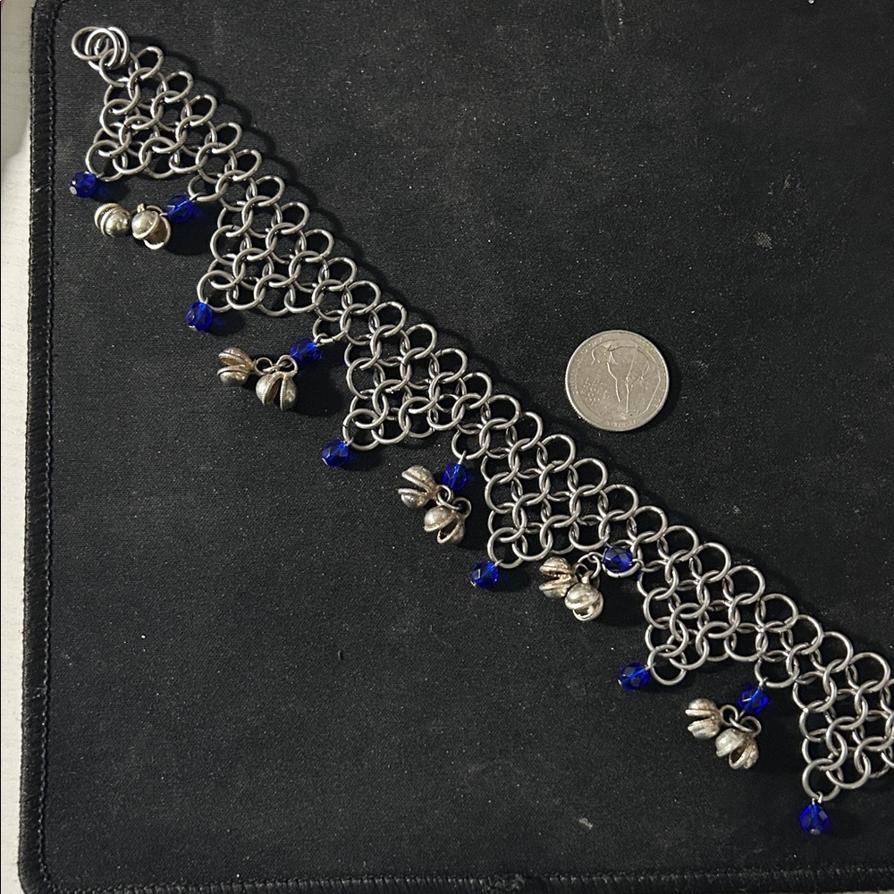 Handmade Silver Chainmaille Anklet with Royal Blue Beads Ren Faire